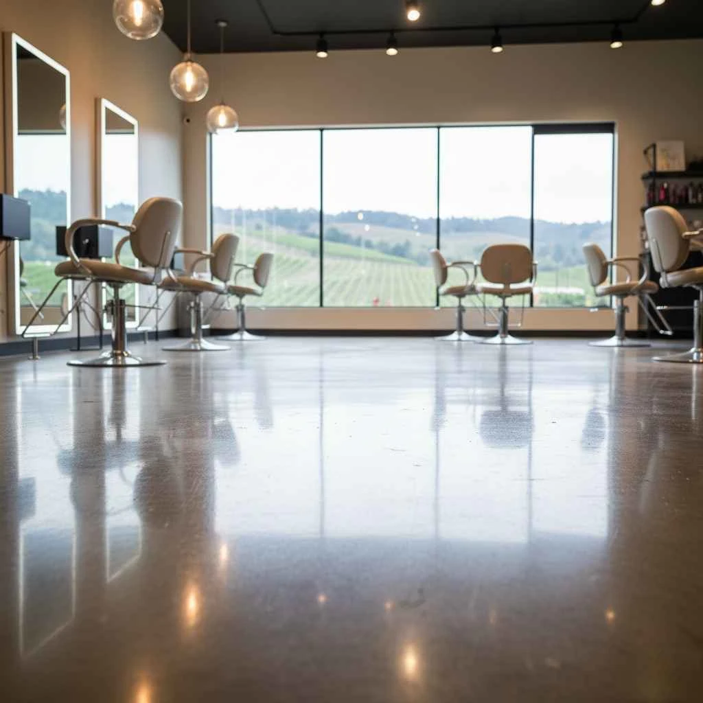  After-cleaning photo of salon floor restored to a glossy shine