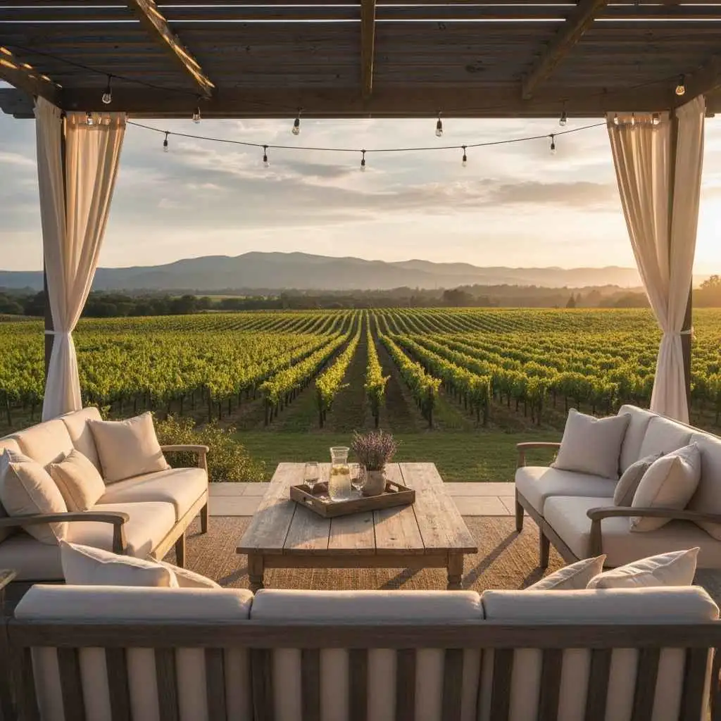 Relaxing outdoor seating area overlooking vineyard or greenery.