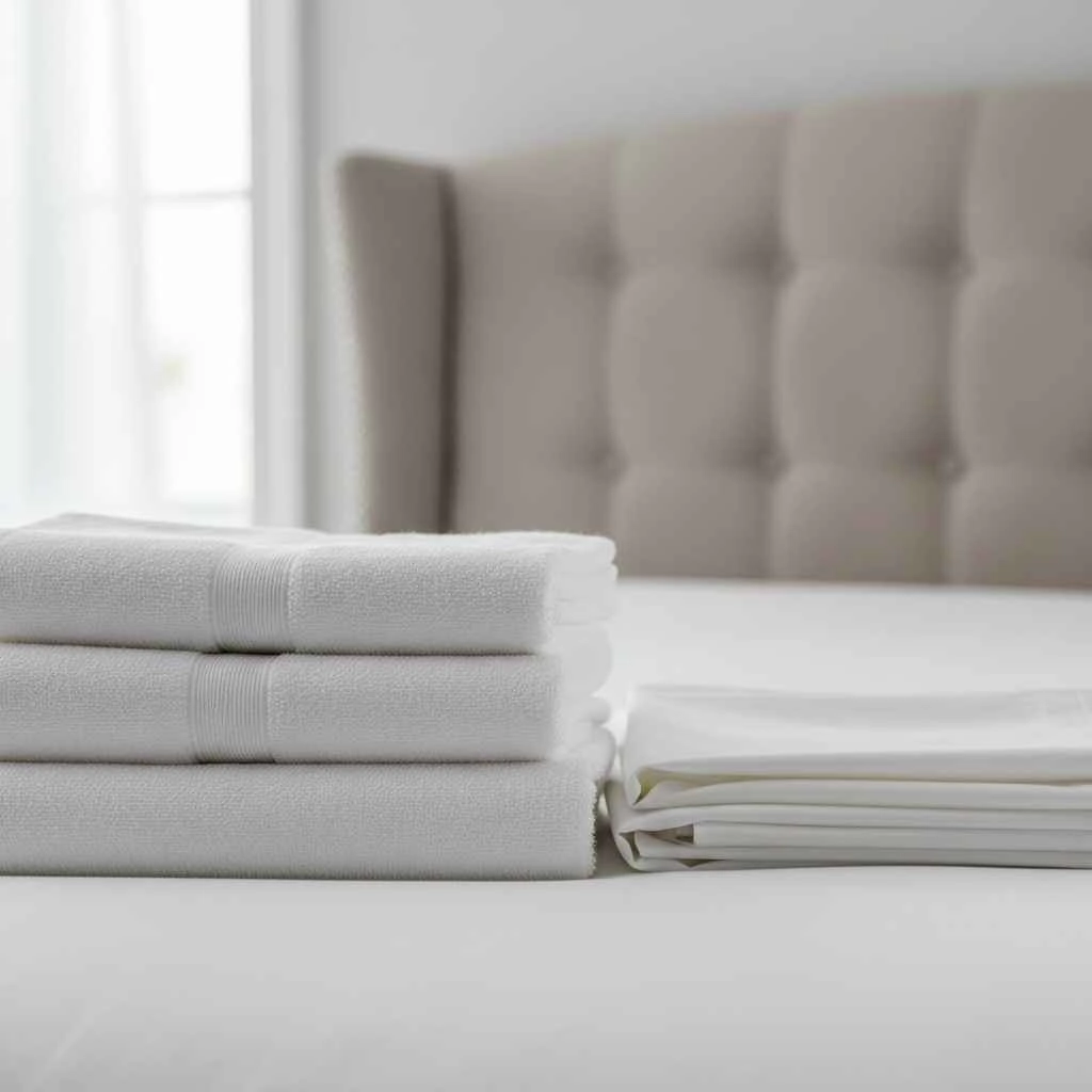 Stack of crisp white towels and folded sheets on a bed.