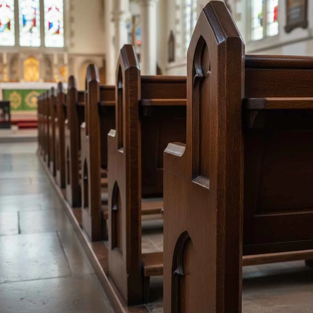  clean, polished hardwood pews after professional service
