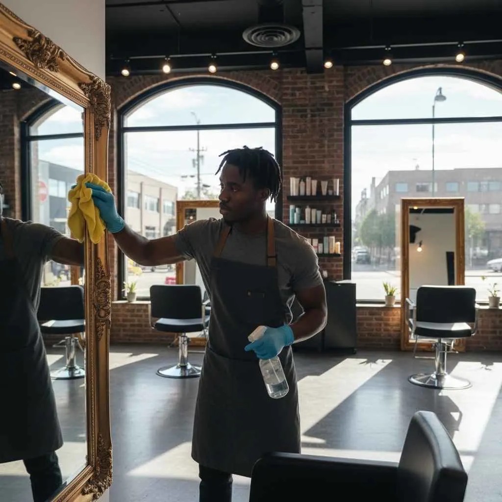  professional cleaner polishing a salon mirror
