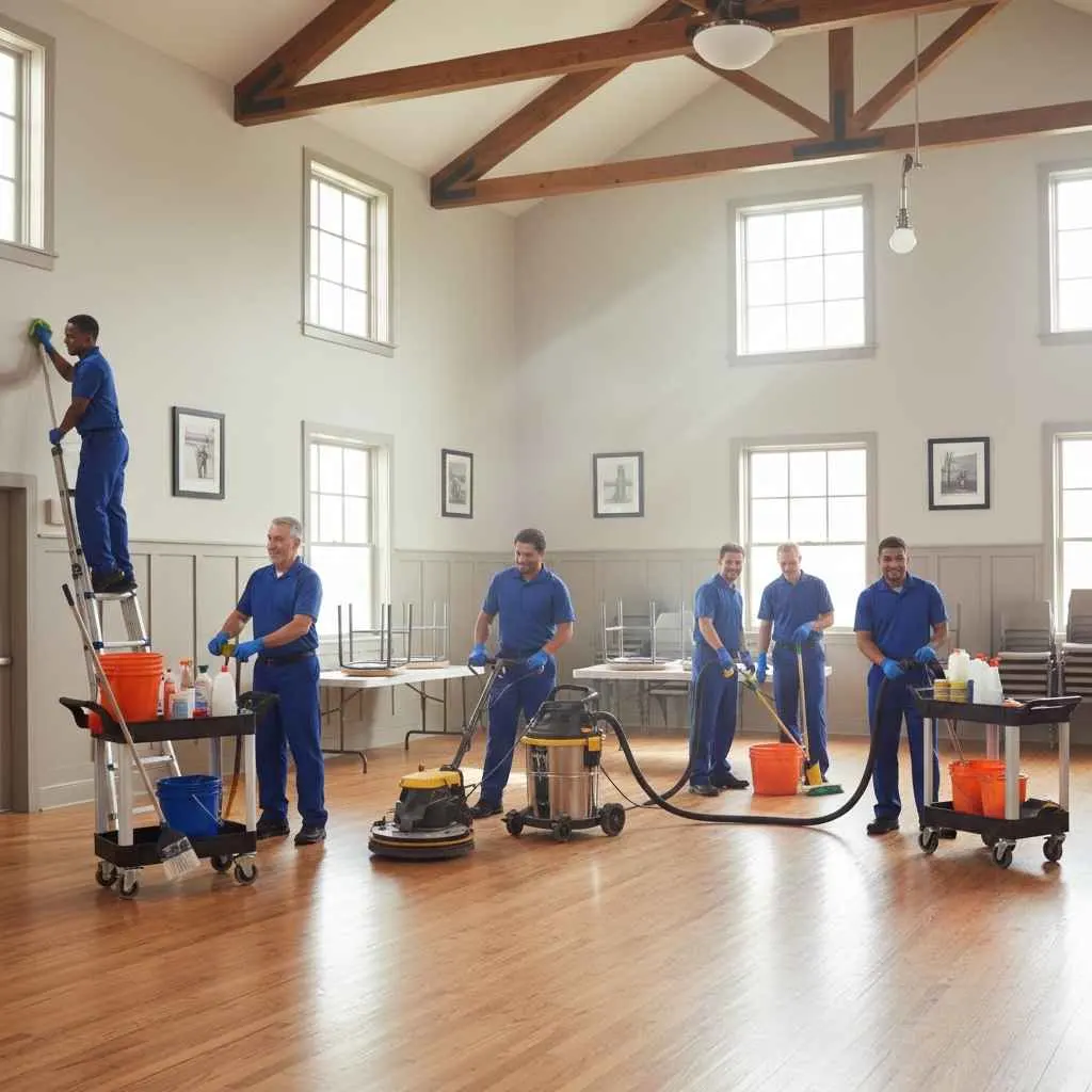  professional cleaners restoring a fellowship hall
