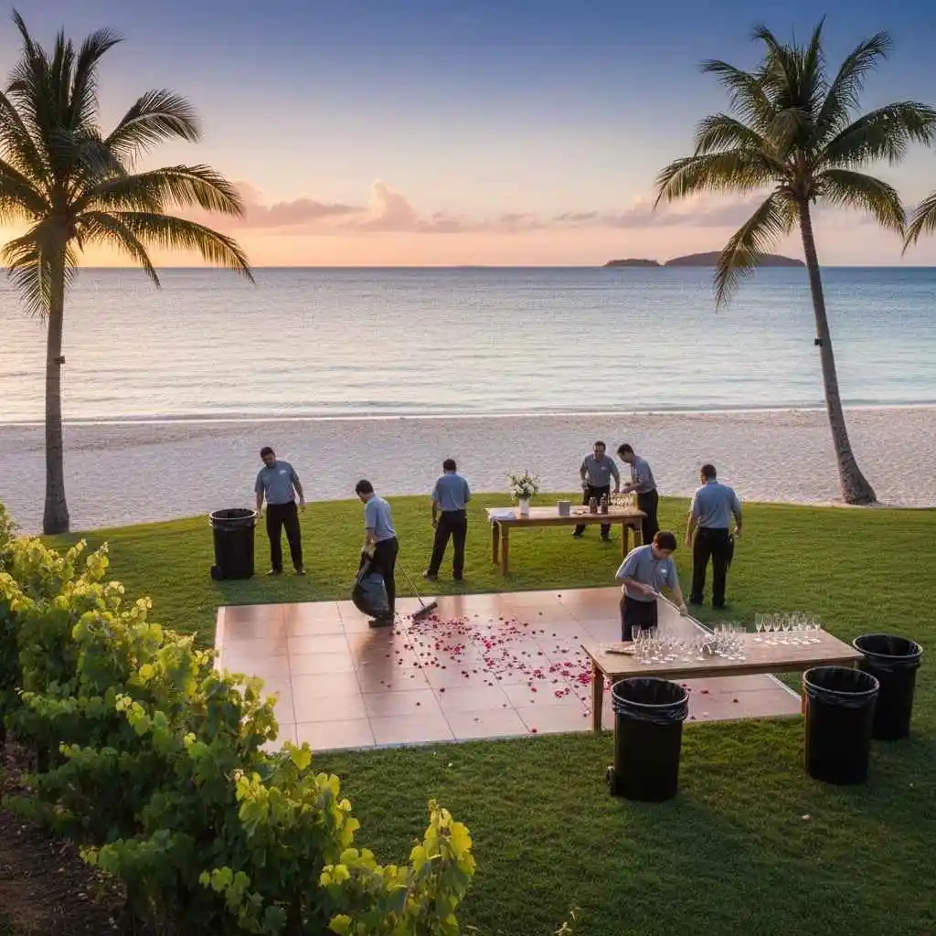 Cleaning staff discreetly servicing outdoor event area