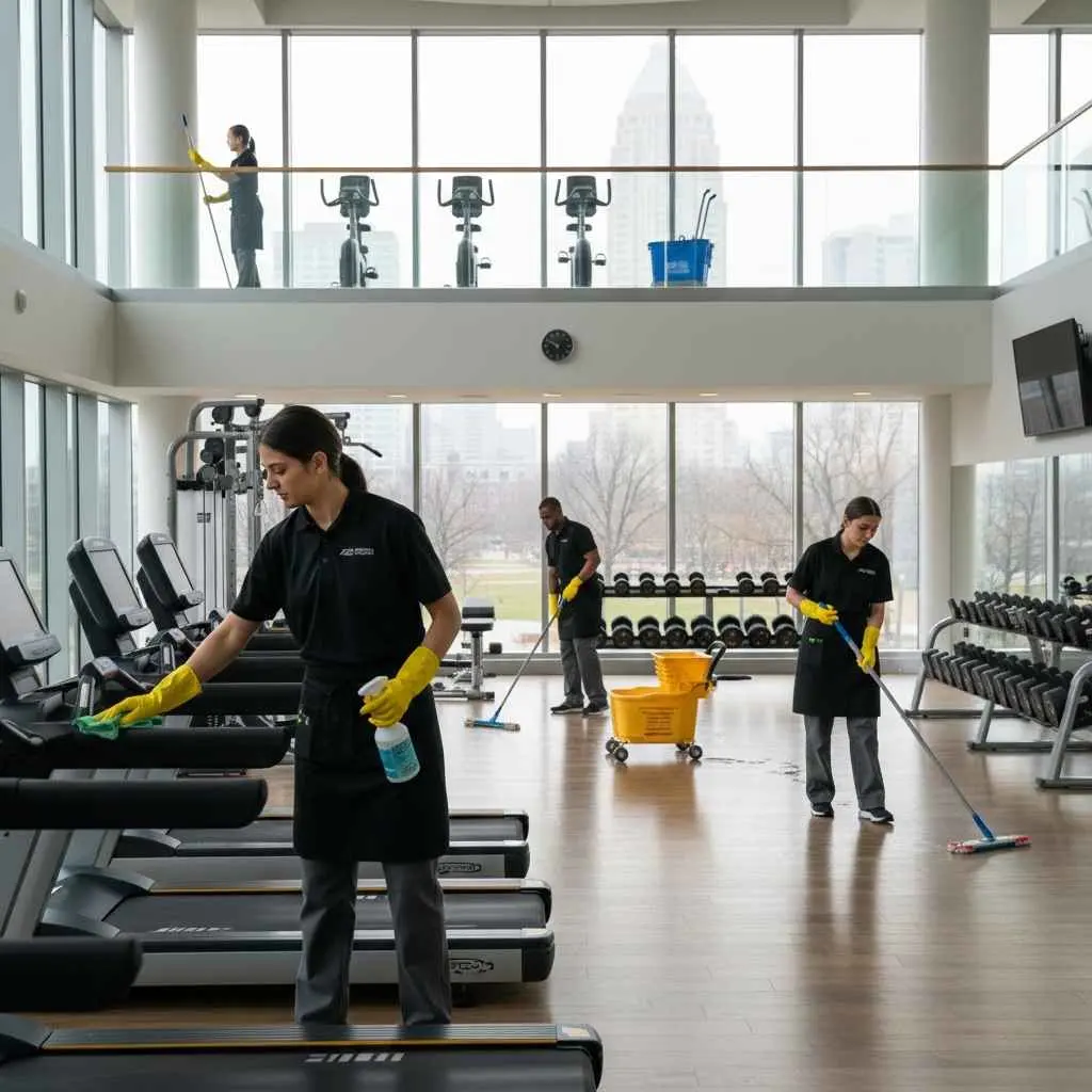 Staff sanitizing gym equipment