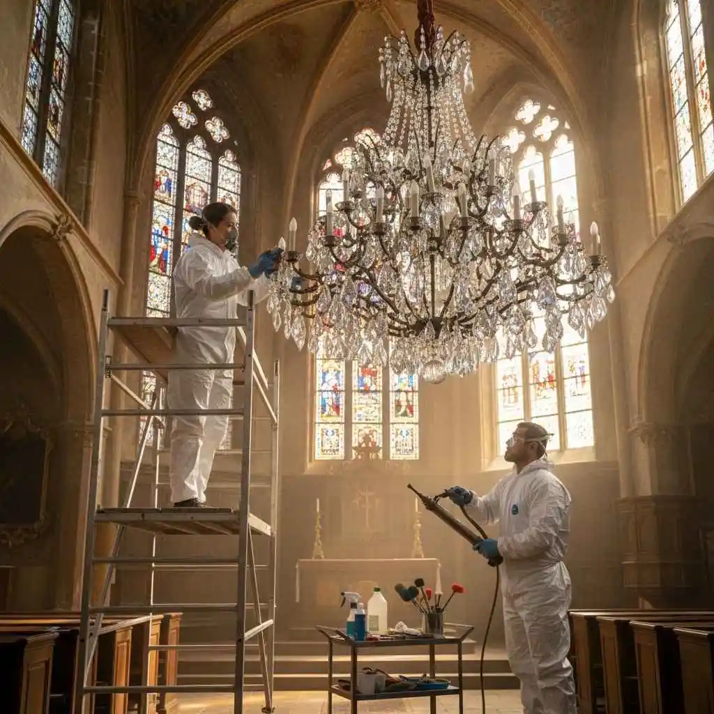 church chandelier being professionally cleaned