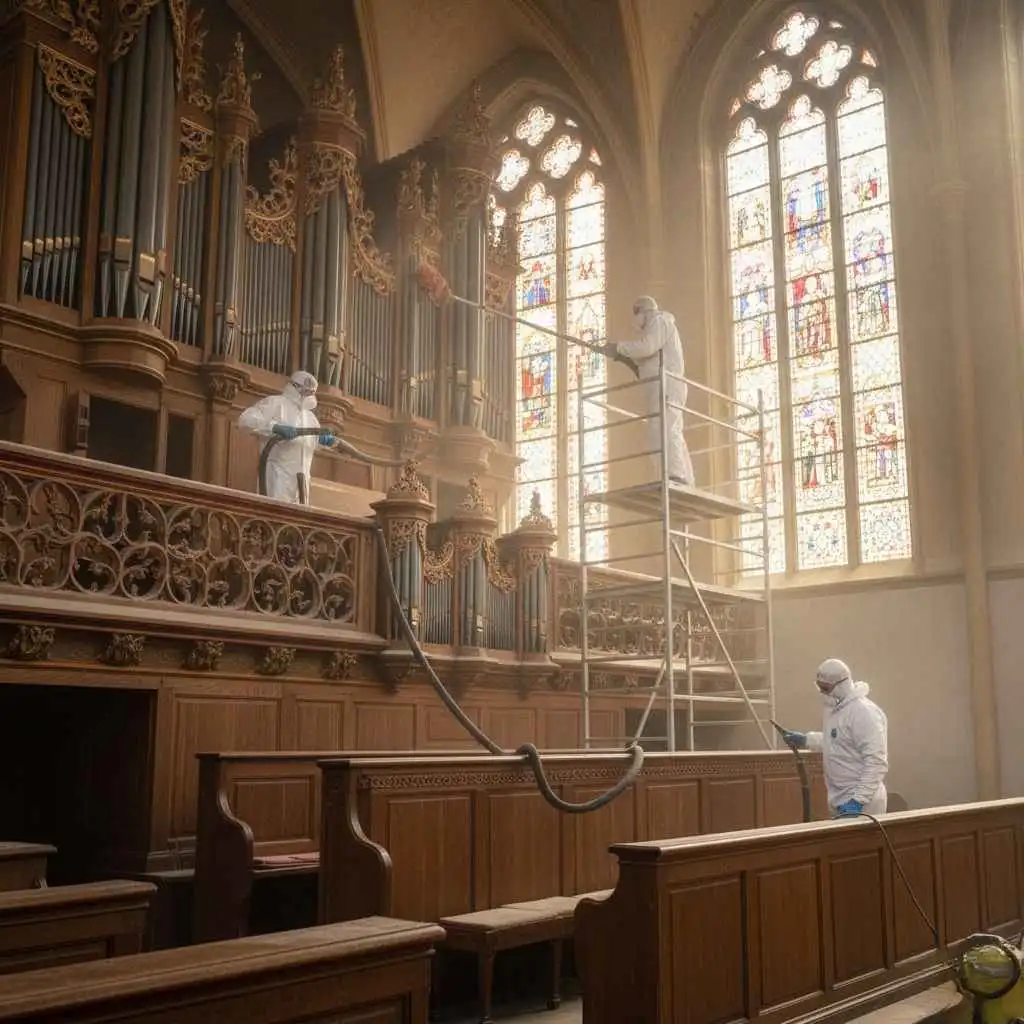 church organ or choir area being professionally cleaned