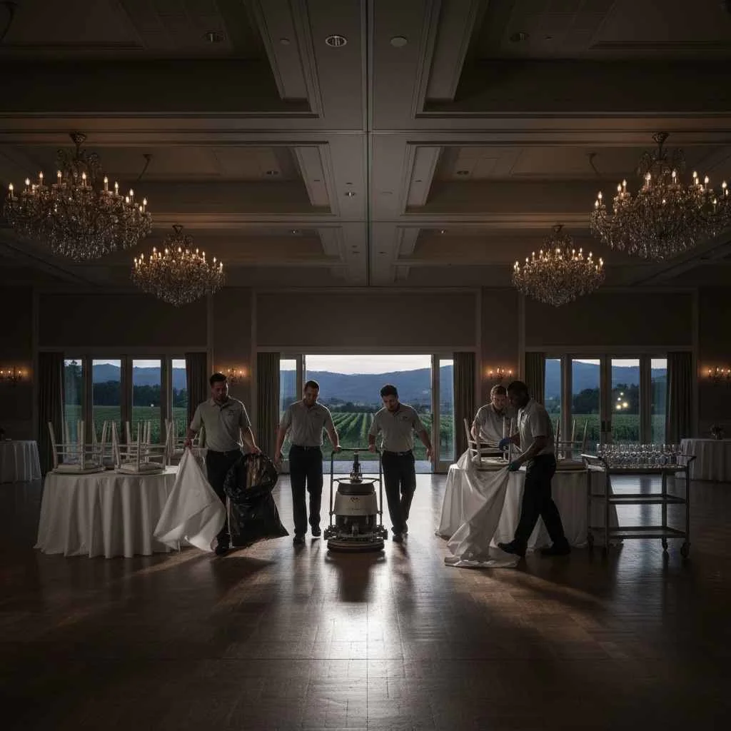 cleaning team removing trash and wiping tables after an event