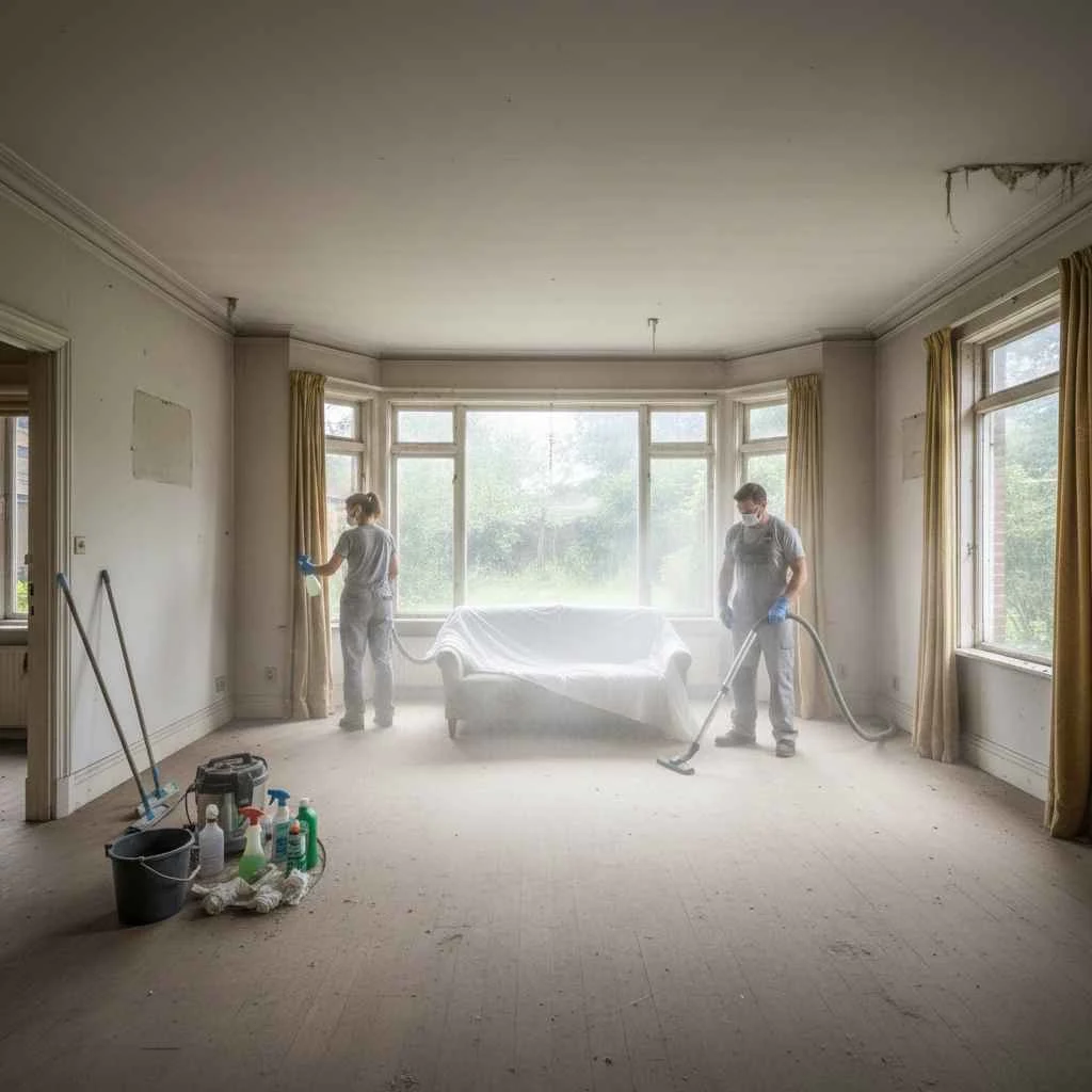 professional cleaners deodorizing a vacant room