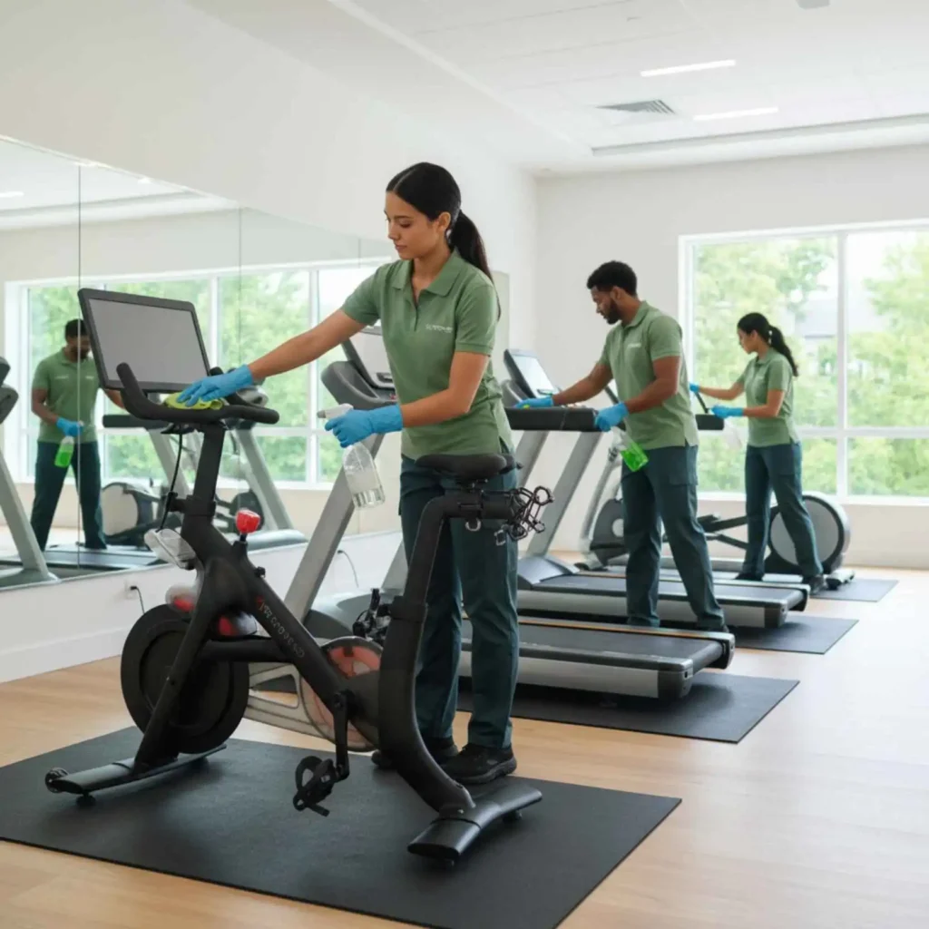 staff cleaning cardio equipment