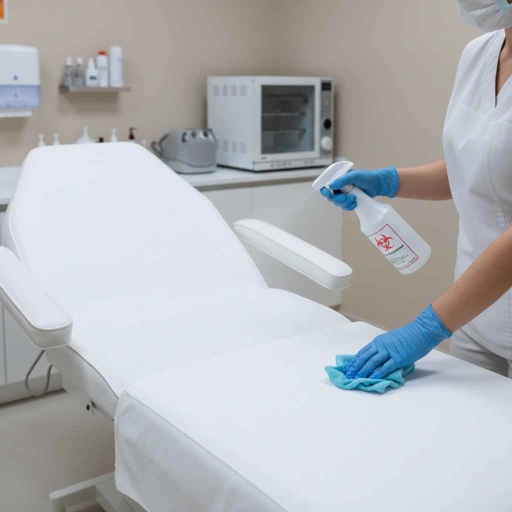 technician disinfecting a med spa treatment bed