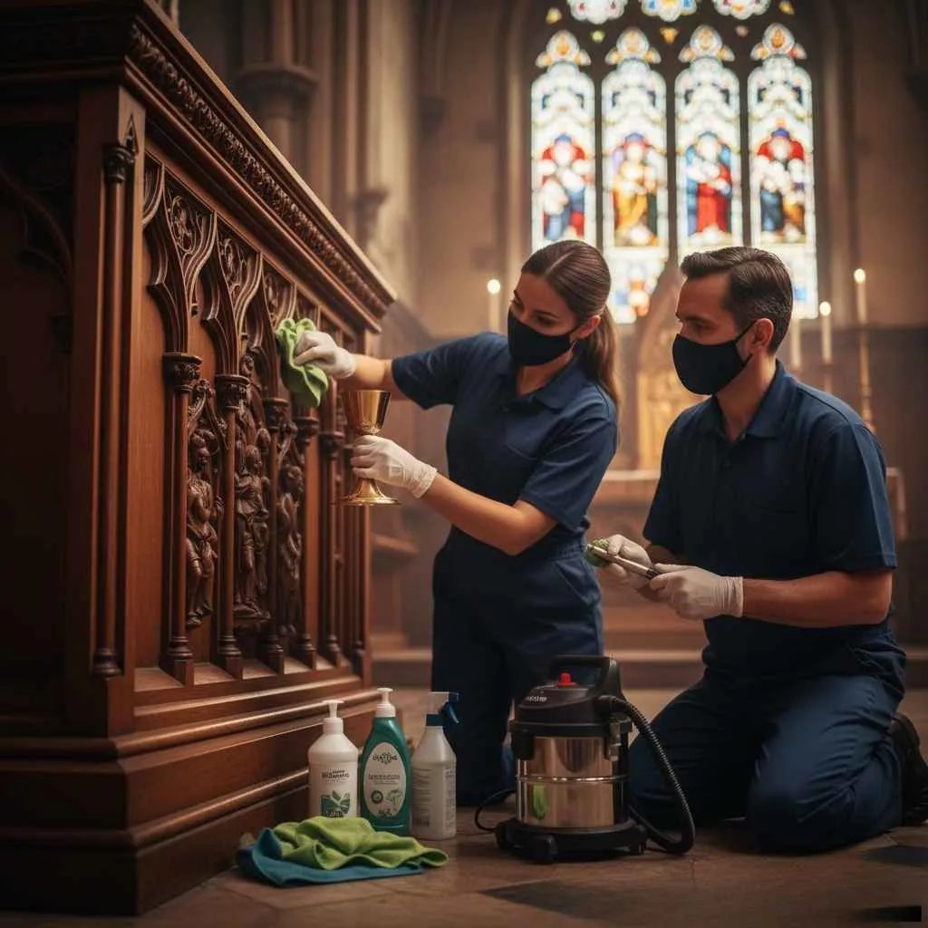 Close-up of team cleaning a church altar with care