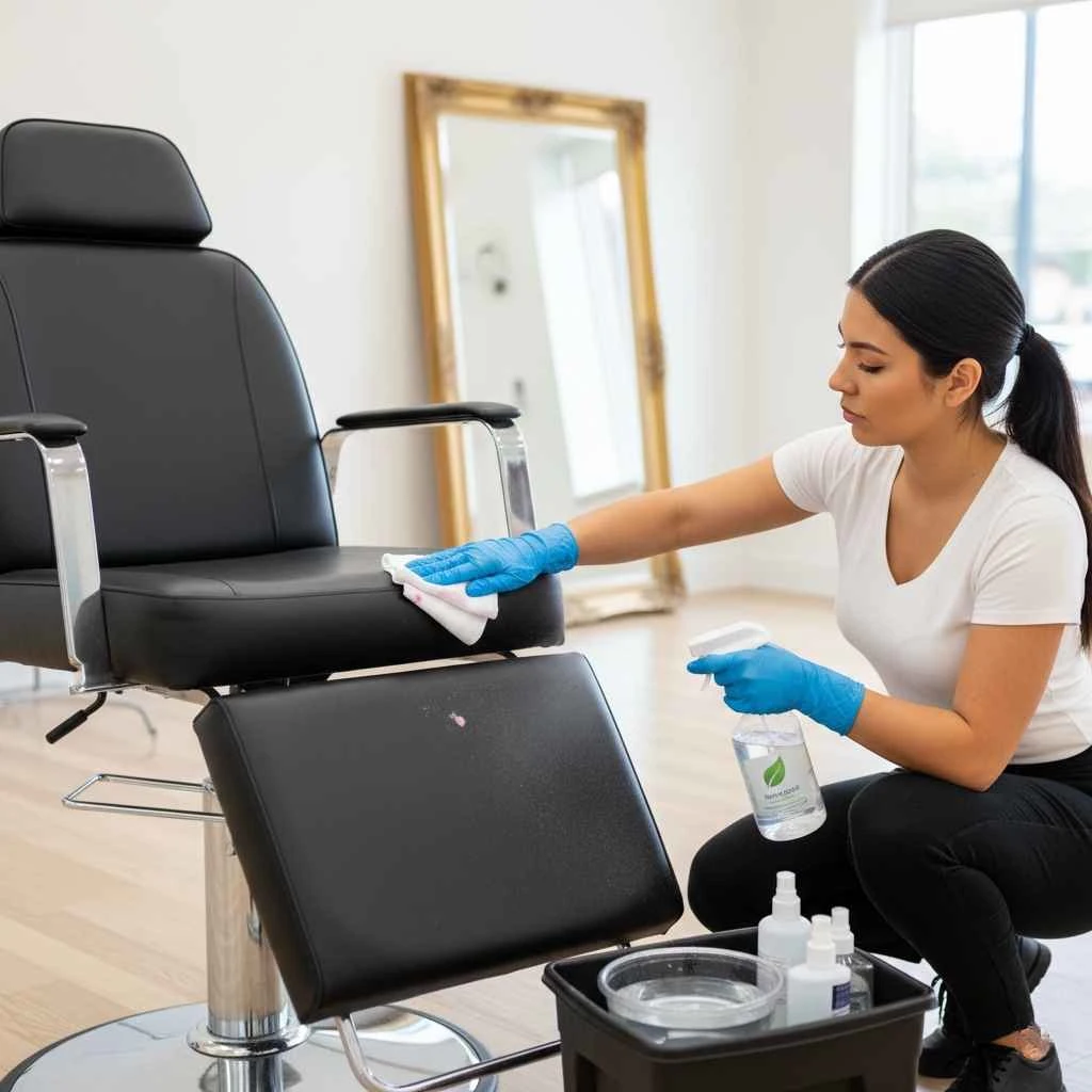 Technician cleaning salon treatment chair upholstery