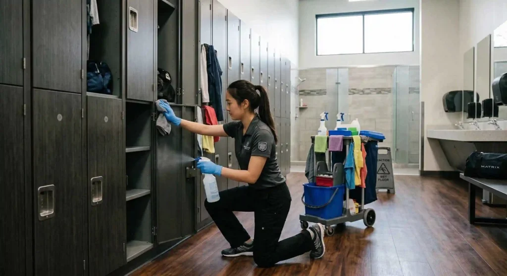 gym locker room being cleaned and sanitized.