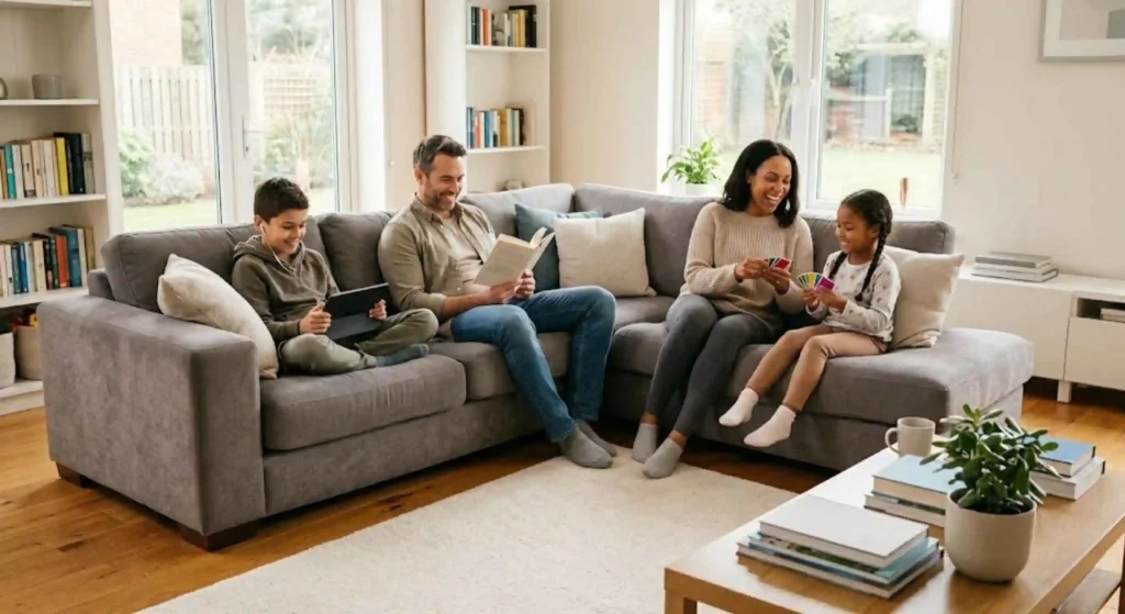 happy family relaxing in a clean home
