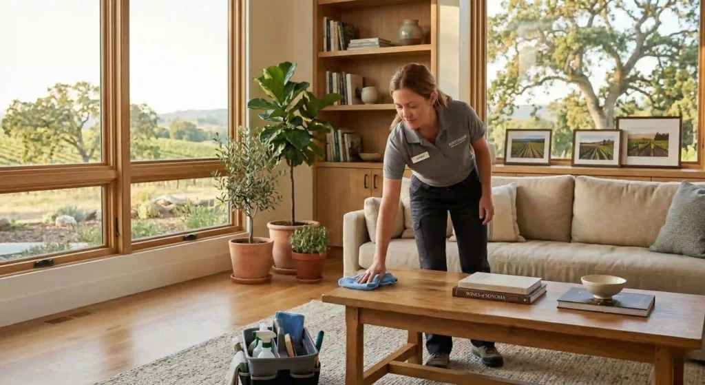 professional cleaner using microfiber cloth in Sonoma County living room.
