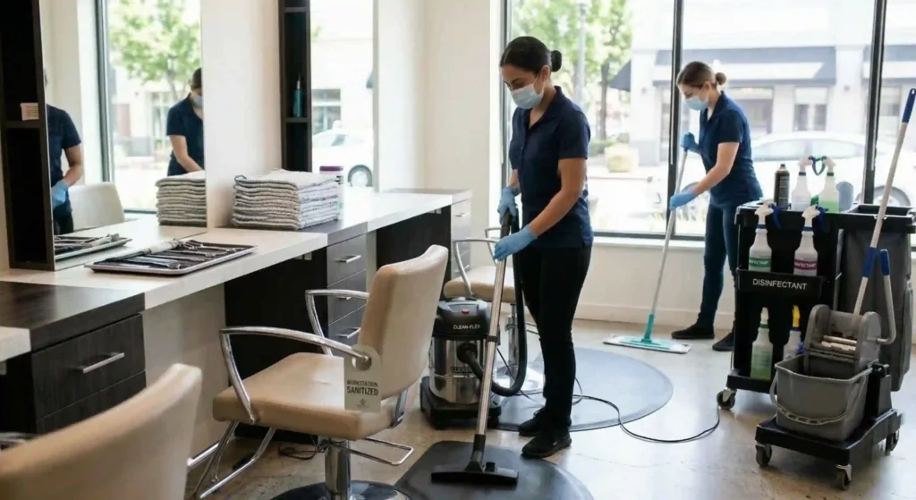 professional cleaners vacuuming and mopping salon floors.