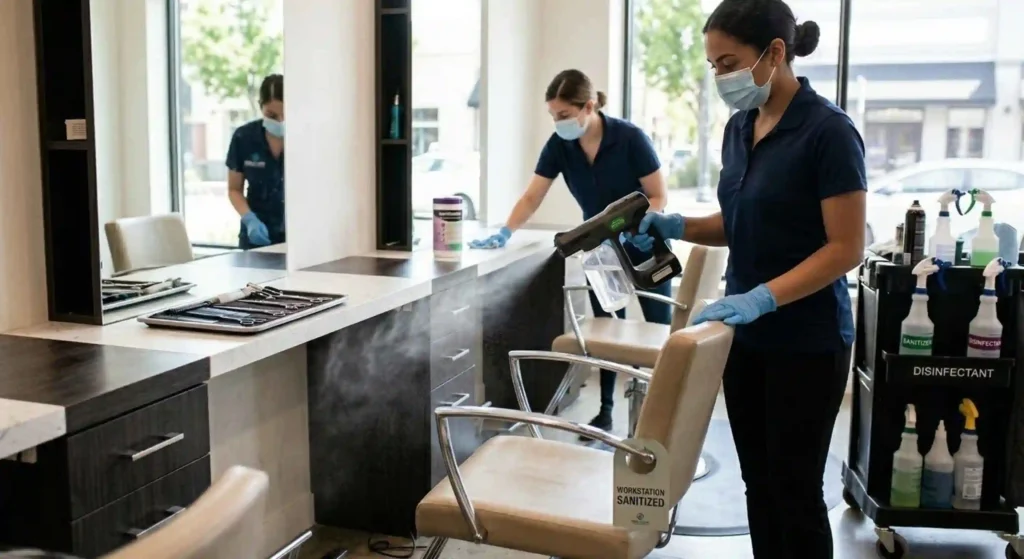 salon stylist chair and workstation being professionally sanitized.