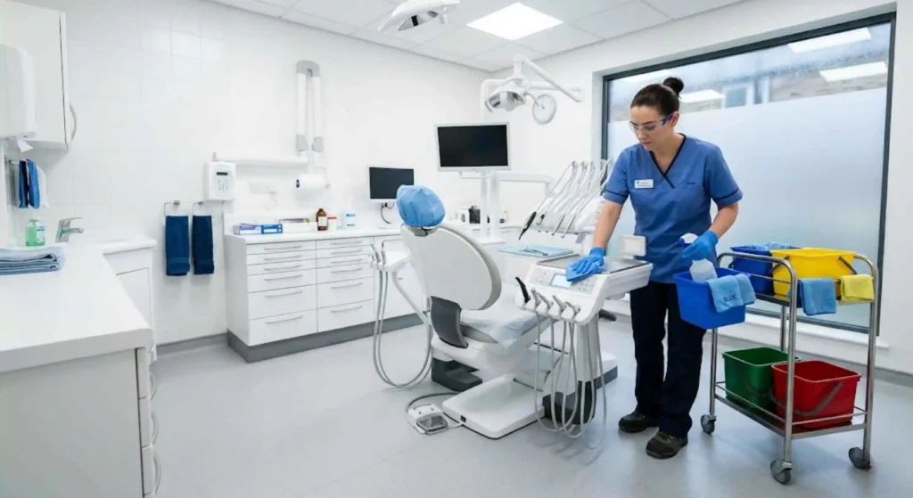 professional cleaner using a color-coded microfiber system in a sterile treatment room